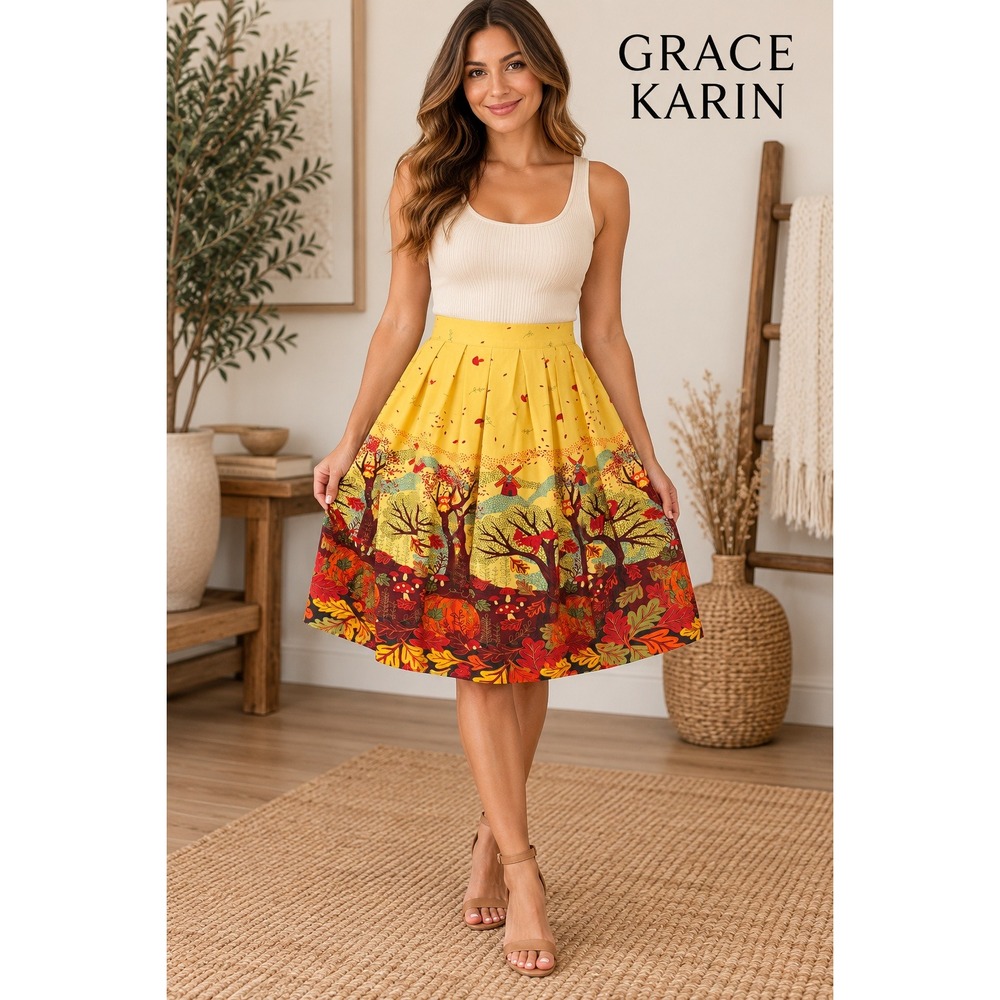 Grace Karin Yellow Autumn Landscape Pleated Skirt Owls Pumpkins Windmill Small
